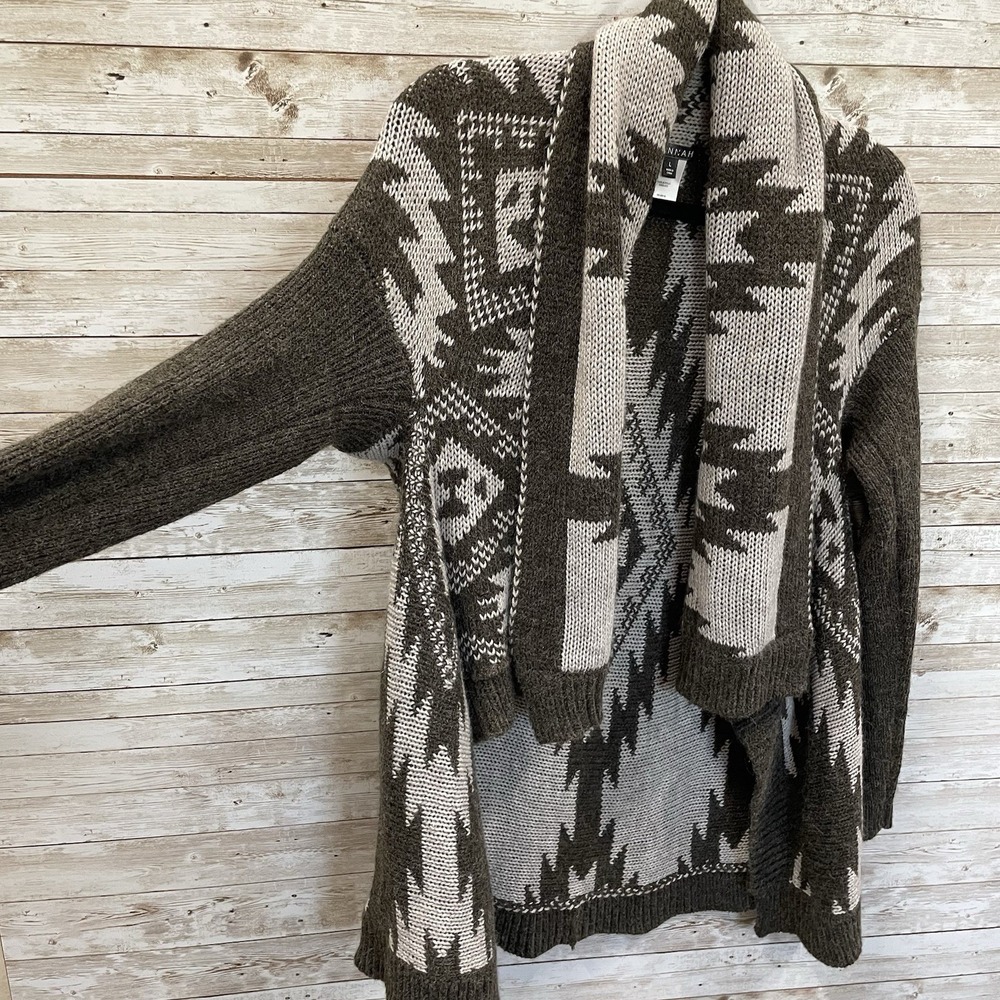 Hannah Womens L Sweater Open Cardigan Gray Southwestern Aztec Scarf Collar - Picture 3 of 10